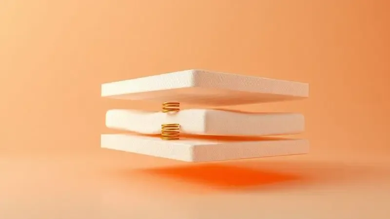 Ilustração 3D abstrata das camadas internas de um colchão, destacando espumas e molas para maior conforto.