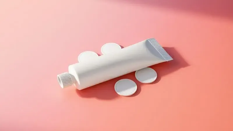 Renderização 3D de um kit de reparo genérico com adesivo e remendos circulares organizados esteticamente.