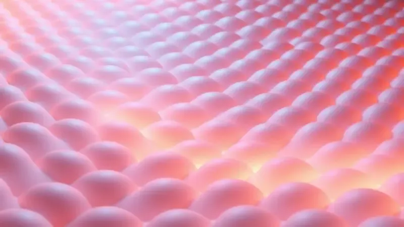 Representação 3D das células de ar alternadas em tons degradê suaves ilustrando o funcionamento do colchão pneumático.