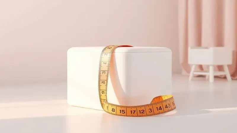 Representação 3D estilizada de fita métrica colorida ao lado de um colchão de berço branco em um ambiente suave.
