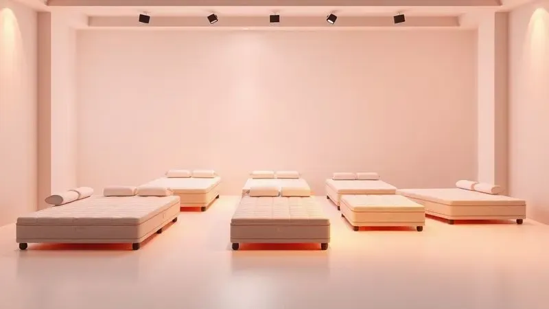 Representação artística em 3D de diferentes tamanhos e medidas de colchões em um ambiente minimalista.