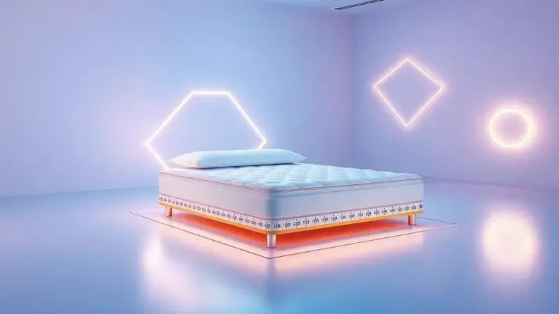 Ilustração conceitual 3D mostrando as dimensões e proporções estilizadas de um colchão queen size em um ambiente de estúdio vibrante.