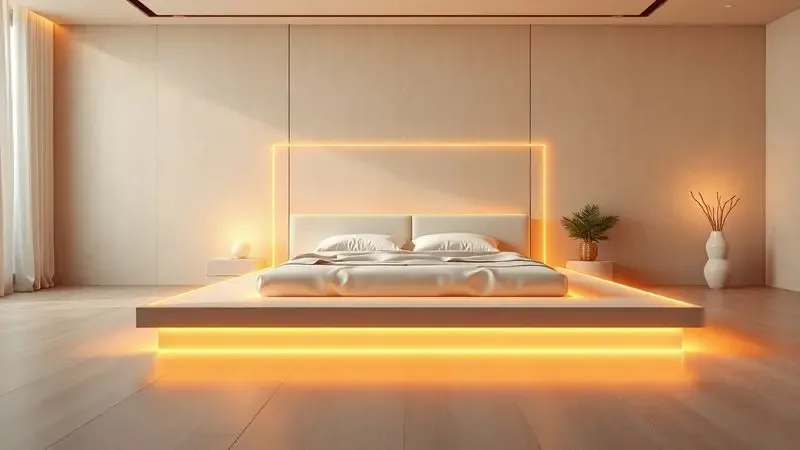 Ilustração 3D mostrando as dimensões generosas e o espaço amplo de um colchão king size em um quarto moderno e aconchegante.