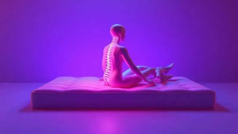 Silhueta estilizada da coluna vertebral alinhada sobre um colchão ergonômico em 3D com luzes suaves.