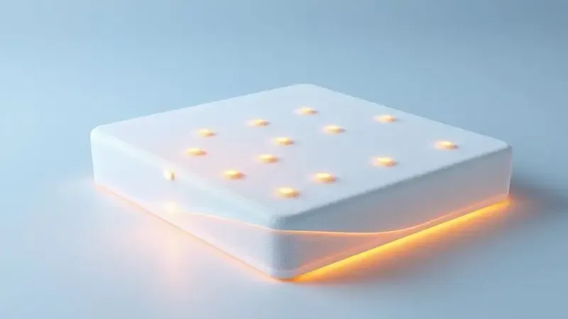Ilustração 3D conceitual de um colchão ergonômico oferecendo suporte ideal e alívio de pressão para a coluna.