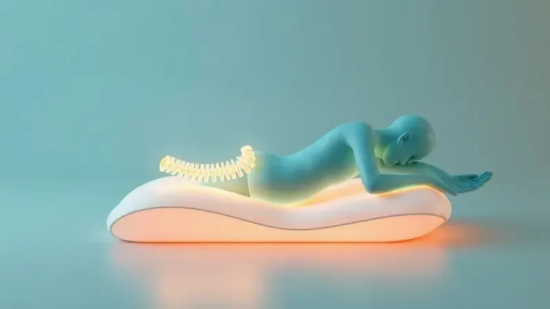 Desenho 3D conceitual de suporte ergonômico e alinhamento da coluna em uma superfície de descanso confortável.