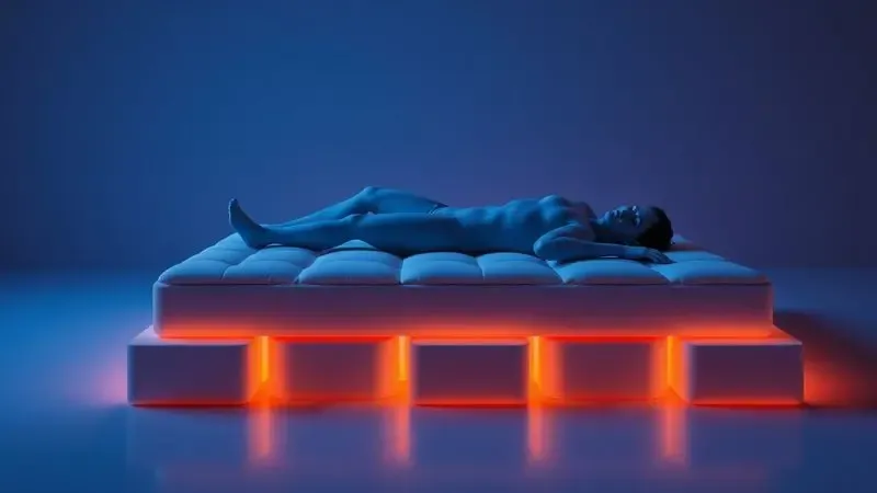Ilustração 3D mostrando o alinhamento da coluna em um colchão ortopédico conceitual com iluminação suave.
