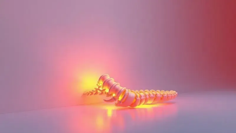 Representação 3D artística de uma coluna vertebral perfeitamente alinhada sobre uma superfície de suporte ortopédico brilhante.