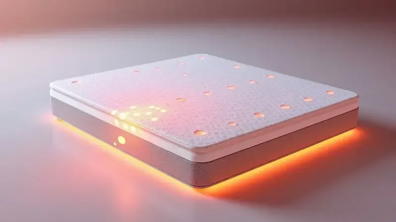 Visualização 3D de um colchão ergonômico oferecendo suporte ideal para o alinhamento da coluna.