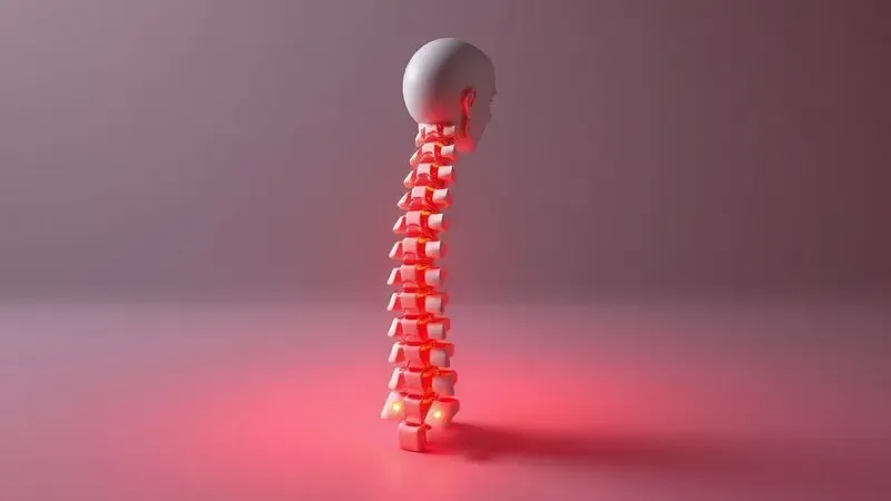 Modelo conceitual 3D mostrando o alinhamento da coluna sobre uma superfície de colchão firme e ergonômica.