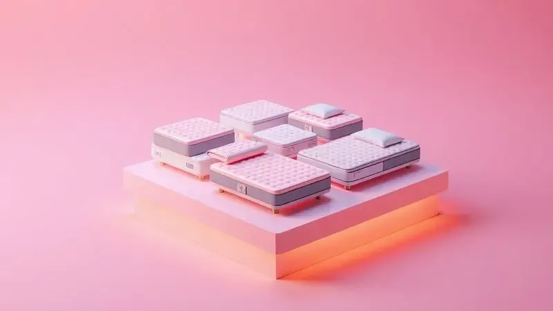 Composição 3D de diversos modelos estilizados de colchões em uma plataforma geométrica para comparação de produtos.