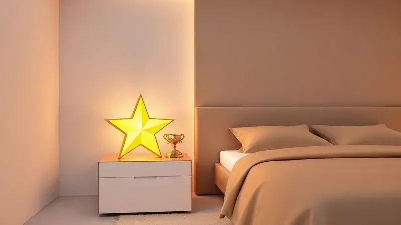 Um troféu estilizado ao lado de uma cama confortável, simbolizando a melhor escolha de colchão para o consumidor.
