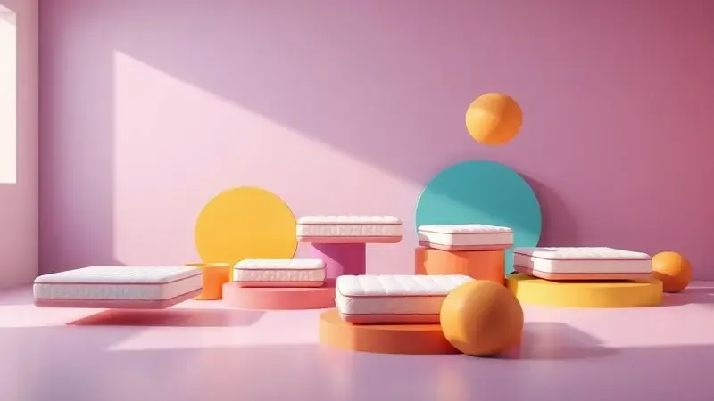 Três colchões de diferentes tamanhos flutuando em um ambiente minimalista com cores vibrantes e formas abstratas.