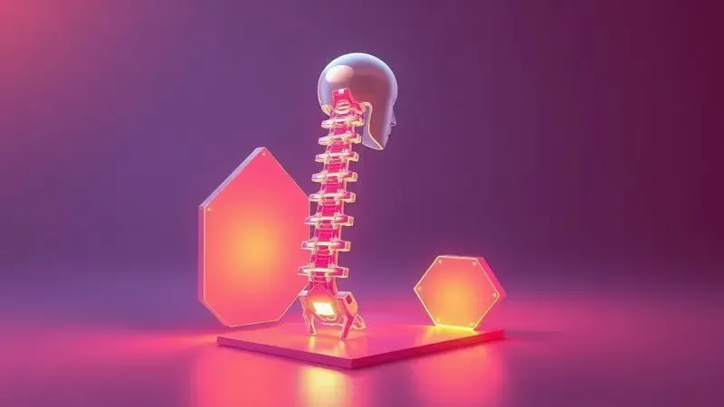Ilustração 3D conceitual representando suporte ortopédico e alinhamento da coluna em um colchão.