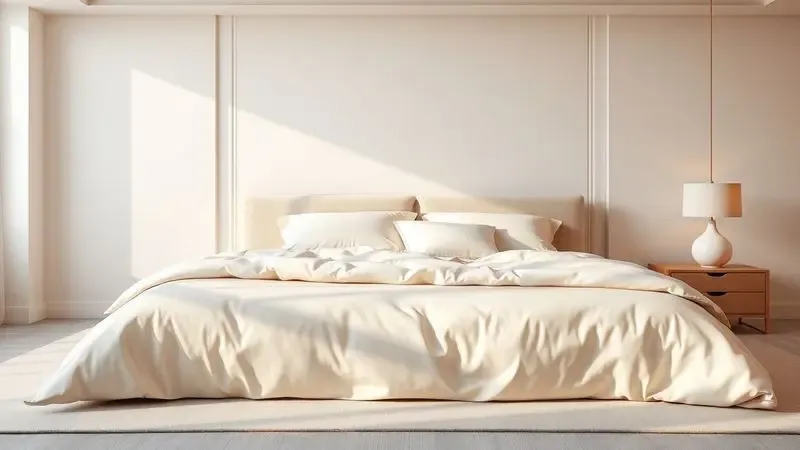 Quarto moderno com cama queen size estilizada e roupas de cama luxuosas em renderização 3D.