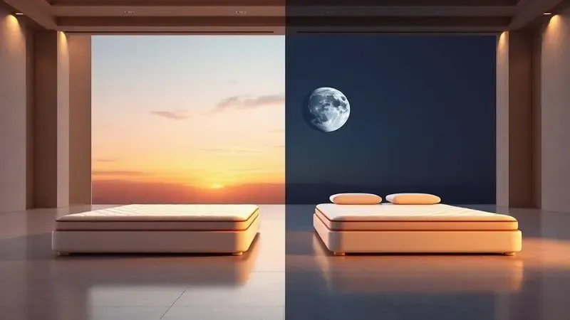 Comparação visual de diferentes modelos de colchões conceituais em um ambiente moderno.