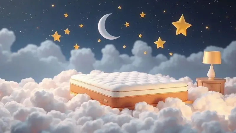 Representação conceitual em 3D de um colchão confortável cercado por nuvens simbolizando uma noite de sono perfeita.