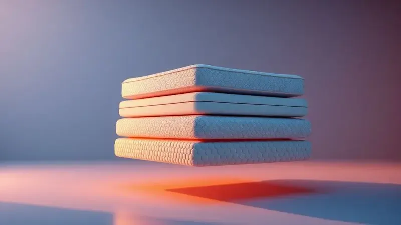 Camadas conceituais de materiais de colchão premium em renderização 3D colorida com iluminação suave.