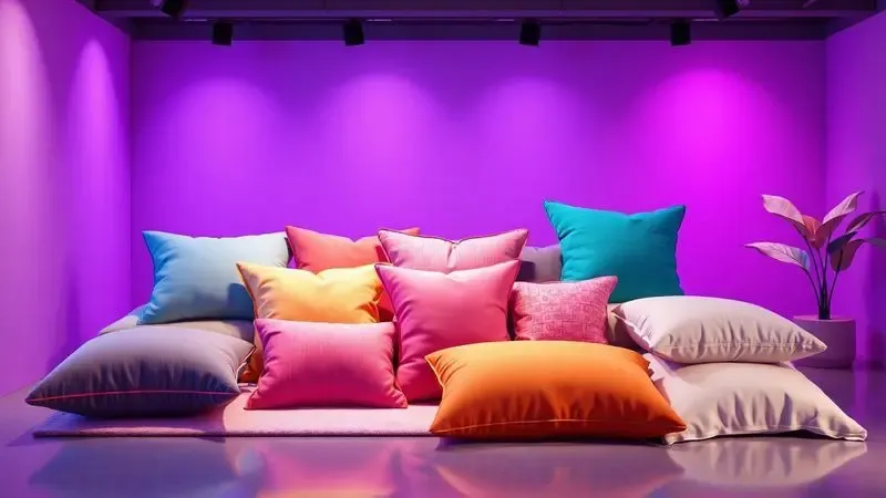 Cena 3D conceitual com diferentes texturas de tecidos e travesseiros luxuosos em um ambiente moderno.
