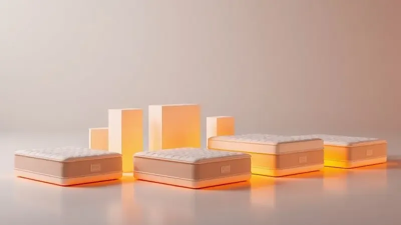 Visualização artística em 3D de diferentes silhuetas de colchões premium iluminadas por luzes douradas e âmbar.