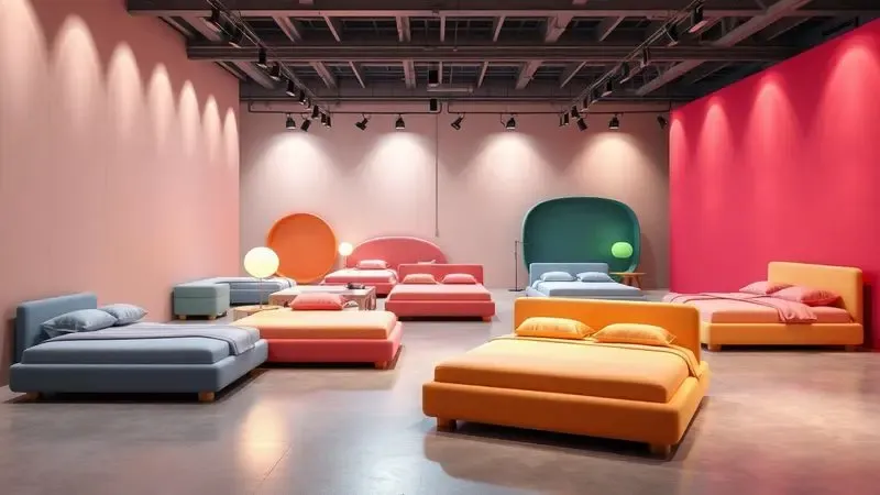 Representação 3D conceitual de diversos modelos de colchões confortáveis em um ambiente moderno e minimalista com cores vibrantes.