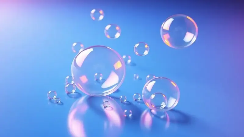 Bolhas de sabão coloridas sobre superfície azul de vinil representando a busca por furos em colchão inflável.