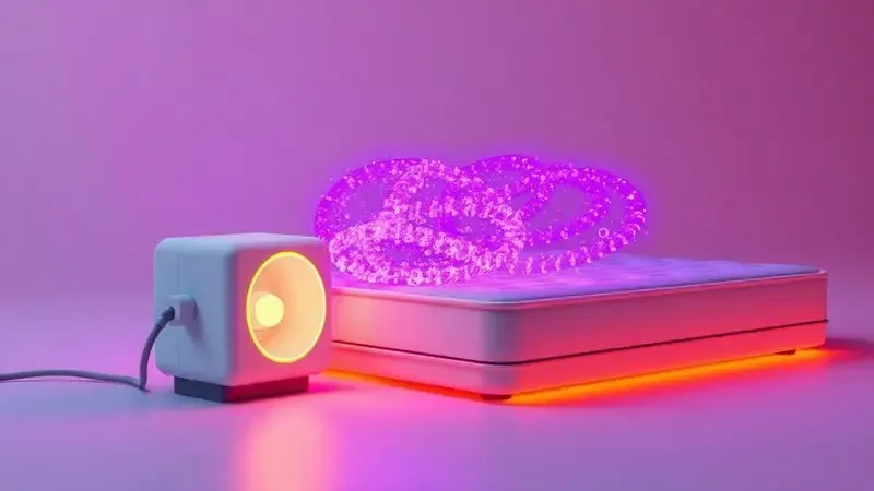 Visualização conceitual 3D de fluxo de ar entrando em um colchão com luzes vibrantes.