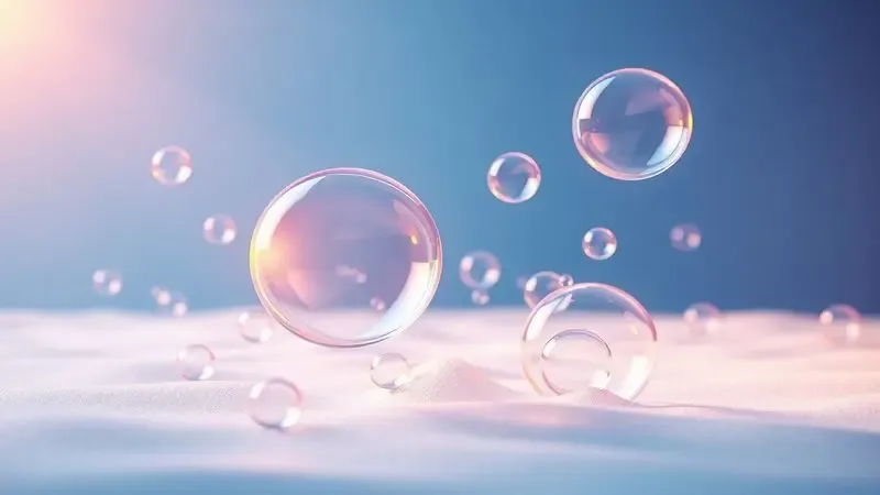 Renderização 3D de bolhas de sabão estilizadas sobre uma superfície azul macia com iluminação dourada cinematográfica.
