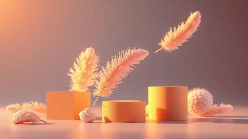 Ilustração conceitual 3D mostrando o equilíbrio entre firmeza e maciez através de penas e blocos estilizados.