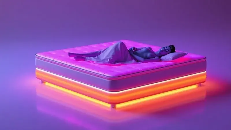 Pessoa dormindo profundamente em um colchão conceitual com camadas de cores vibrantes e luzes relaxantes.