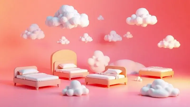 Cena 3D vibrante com diferentes formas conceituais de colchões simbolizando variedade e conforto personalizado.