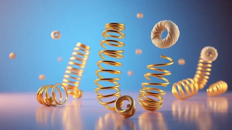 Ilustração artística em 3D de molas ensacadas e espirais metálicas em um ambiente abstrato e iluminado.
