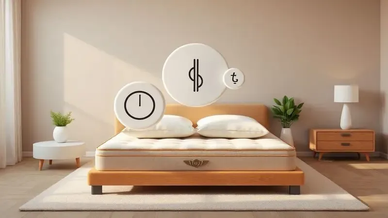 Composição 3D ilustrando estabilidade e silêncio com ícones flutuantes sobre um colchão de ar.