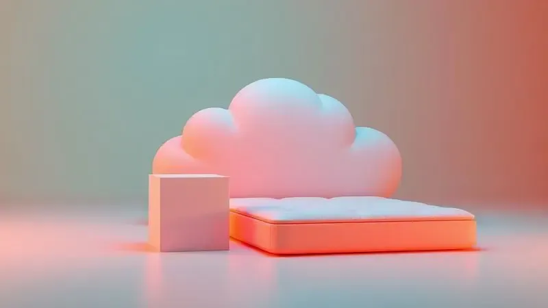 Ilustração conceitual 3D de um colchão surgindo de uma caixa compacta com cores vibrantes e design moderno.
