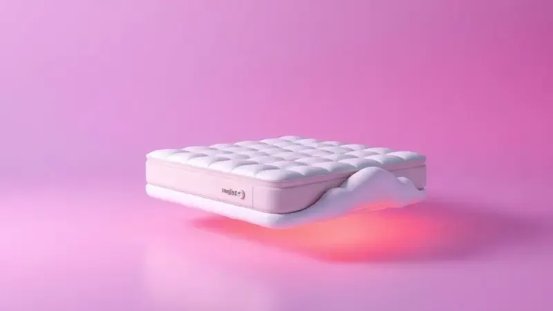 Representação conceitual em 3D de um colchão flutuando em um ambiente sereno com cores suaves.