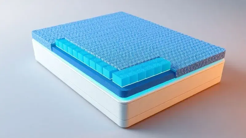 Vista conceitual das camadas internas de um colchão hospitalar em renderização 3D colorida.