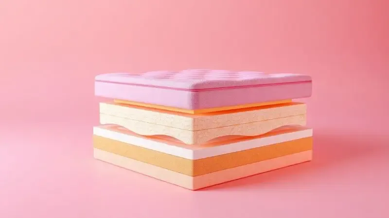 Visão interna estilizada em 3D das camadas de suporte de um colchão ortopédico conceitual com iluminação suave.