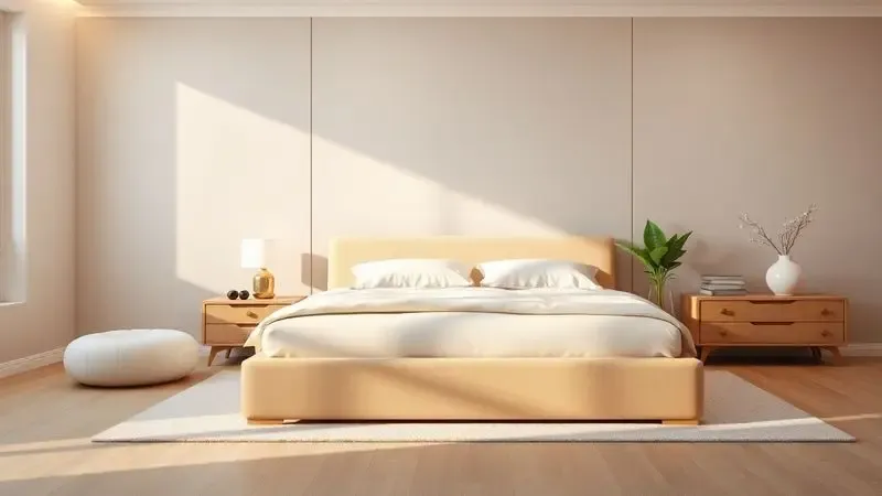 Representação visual do amplo espaço e proporções de um colchão queen size em um ambiente doméstico estilizado.