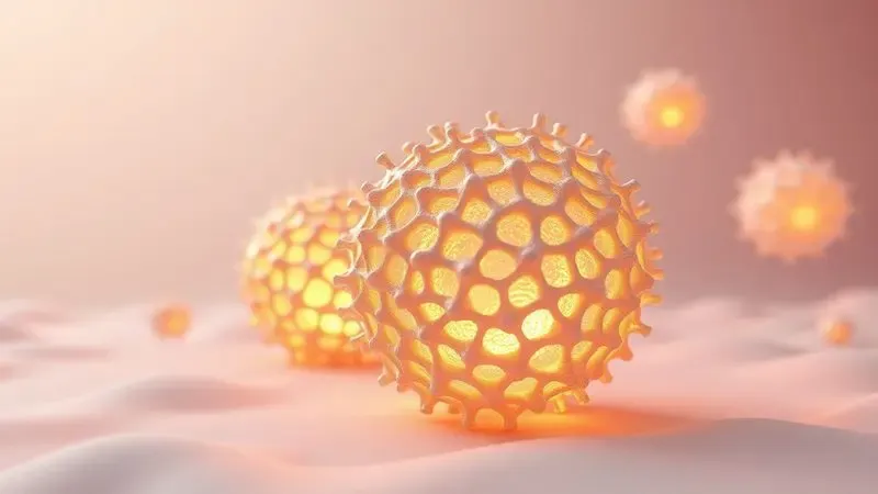 Representação 3D conceitual da estrutura interna de uma espuma de alta densidade com iluminação dourada.