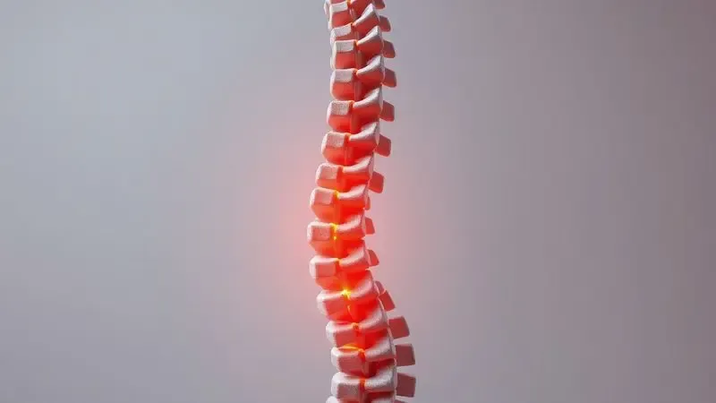 Representação artística 3D de uma coluna vertebral com pontos de pressão destacados em tons quentes.