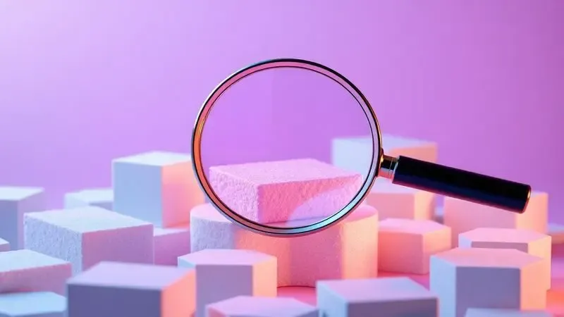 Lupa 3D estilizada analisando camadas de espuma e texturas conceituais em um ambiente de design moderno.