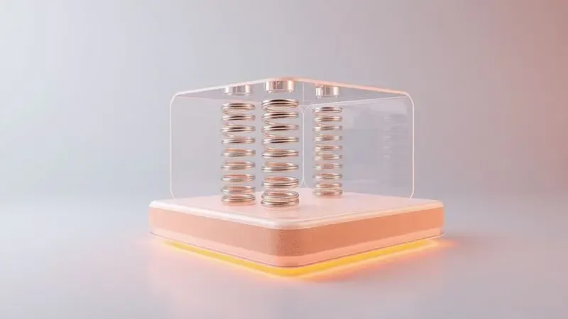 Ilustração conceitual 3D mostrando a estrutura interna estilizada de molas ensacadas em um colchão moderno.