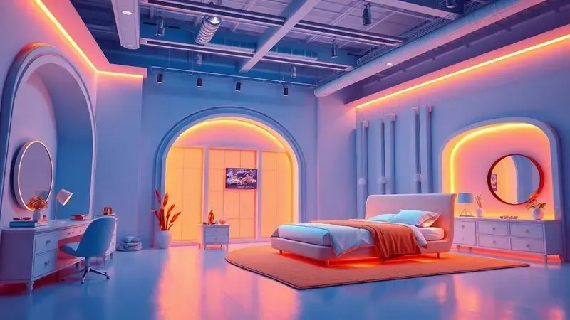 Ambiente de quarto moderno e sofisticado com iluminação acolhedora e design minimalista em 3D.