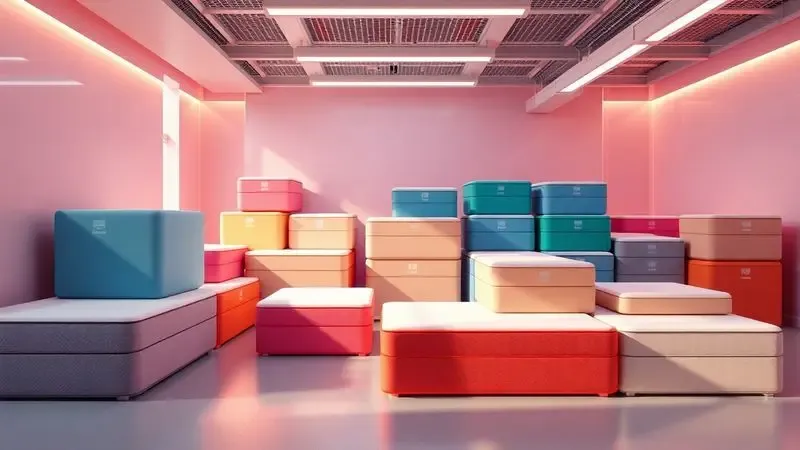 Cena 3D de diversos colchões na caixa organizados em um ambiente de showroom moderno e colorido.