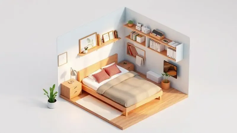 Renderização 3D de um quarto pequeno planejado com cama de viúva e organização inteligente de espaço.