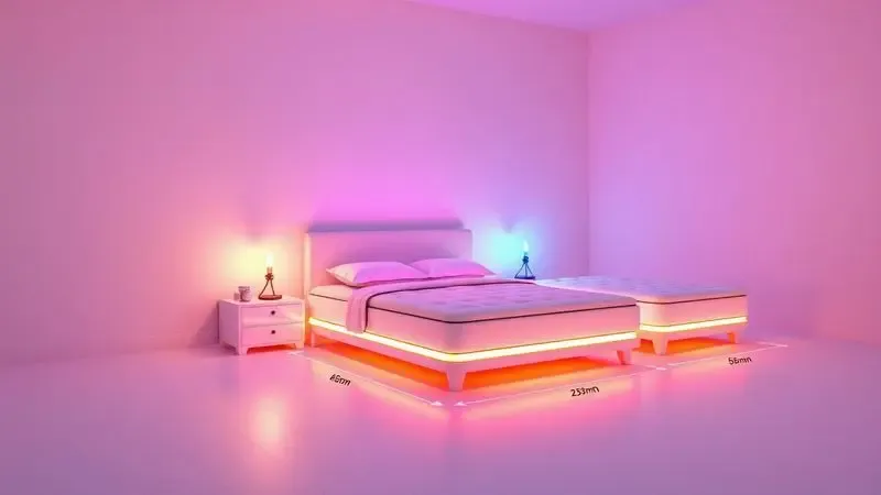 Representação 3D estilizada de diversos tamanhos de camas dispostas em um quarto contemporâneo com iluminação suave.