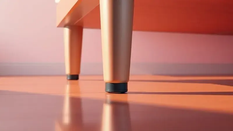 Renderização 3D de pés de cama com protetores coloridos em um piso liso e brilhante com iluminação de estúdio.