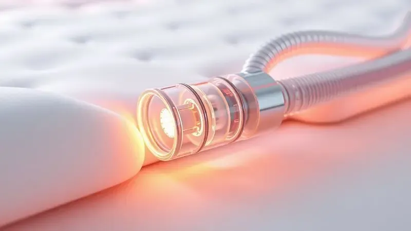 Detalhe 3D da conexão de mangueiras de ar em uma superfície de colchão macia com iluminação quente.
