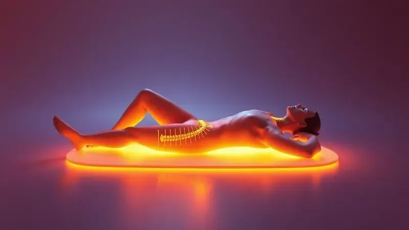 Infográfico conceitual 3D mostrando uma silhueta humana em repouso com alinhamento da coluna e luzes suaves de saúde.