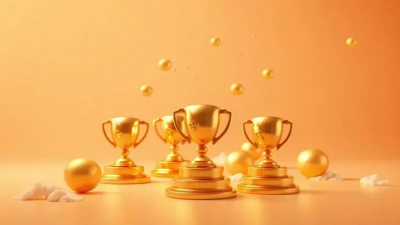 Ilustração 3D conceitual de prêmios e medalhas flutuando sobre uma superfície macia, simbolizando qualidade e inovação tecnológica.